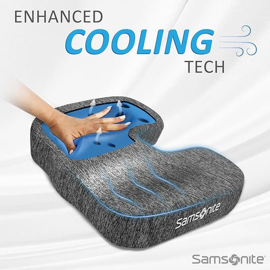 Samsonite Gel Infused Seat Cushion – Ergonomic Cushion for Office Chair, Tailbone Pressure Pad, Coccyx Support for Sciatica, Memory Foam Seat for Car, Desk, or Gaming Chair Use, Grey