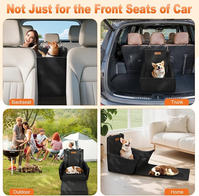 Elevated Dog Car Seat, Dog Booster Car Seats for Small & Medium Breeds Up to 35lbs, Fully Detachable and Washable, Memory Foam Pet Carseat with 2 Storage Pockets & 3 Safety Belts, Black