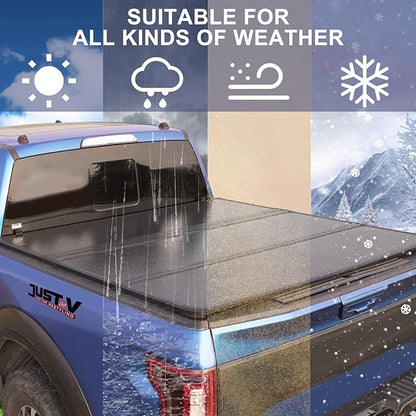 Just-V Hard Tri-Fold Truck Bed Tonneau Cover for Toyota Tacoma 2016-2023 Only Fit Cab CrewMax Cab 5FT Bed, Upgrade Solid FRP Textured Black, Requires Bracket