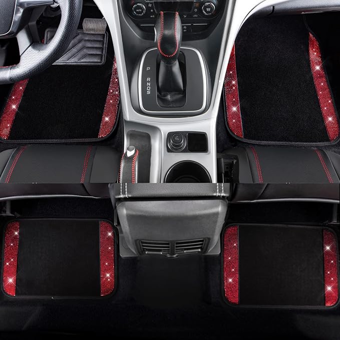 CAR PASS 23 PCS Bling Diamond Car Accessories Set for Women, Leather Car Seat Covers Full Set Sparkly Rhinestone15'' Steering Wheel Covers Shining Diamond Car Floor Mats Cute Car Interior Sets, Red
