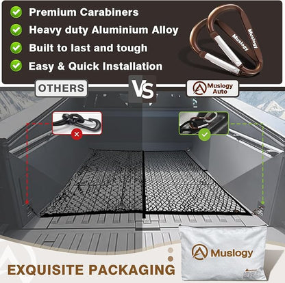 Muslogy Truck Bed Cargo Net Trunk Netting Compatible with Pickup Bed Stretchable 4'x4' to 7'x7' Accessories, Pickup Cargo Organizer ATV SUV UTV Truck&Boat Sedan Storage Net w/Heavy Duty Carabiners