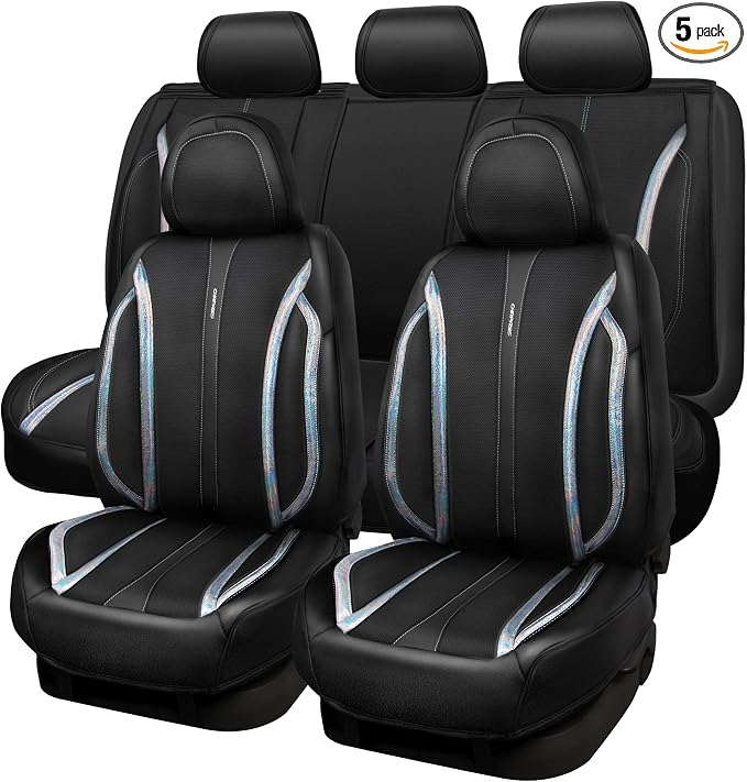 CAR PASS Nappa Leather Seat Covers, Waterproof Durable Universal fit for Women Girly SUV Truck,Anti-Slip Driver Seat Cover with Backrest, full set 5 Holographic Black Silver strips Iridescent colorful