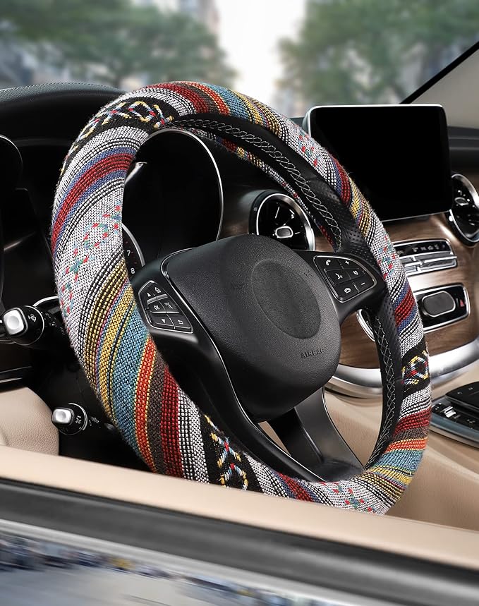 SEG Direct Boho Steering Wheel Cover with Baja Blanket Cloth, Ethnic Style Auto Wheel Cover Made of Coarse Flax, Fits 14 1/2-15 1/4 inches Car Wheel