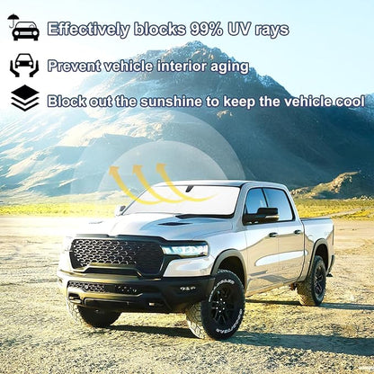 Windshield Sun Shade Compatible with 2019-2026 Dodge RAM 1500, Custom Fit Foldable Sun Visor 310T UV Heat Block