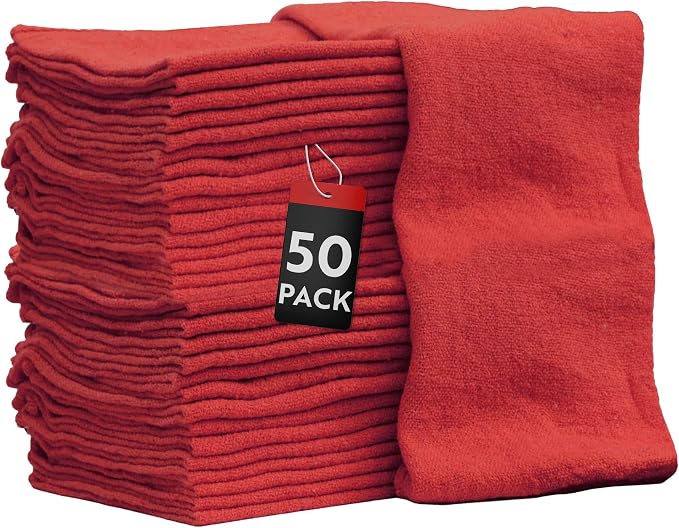 Nabob Wipers Shop Towels 50 Pack Cotton Rags Size 14"x14" Commercial Grade (50 Pack, Red)