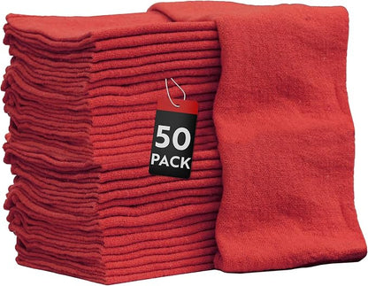Nabob Wipers Shop Towels 50 Pack Cotton Rags Size 14"x14" Commercial Grade (50 Pack, Red)