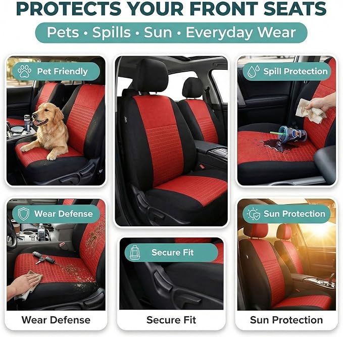 FH Group Universal Car Seat Covers Front Set for SUV Truck Sedan Vans | 3D Textured Breathable Fabric Seat Cover Set Protector with Airbag Compatible Interior Upgrade - Red