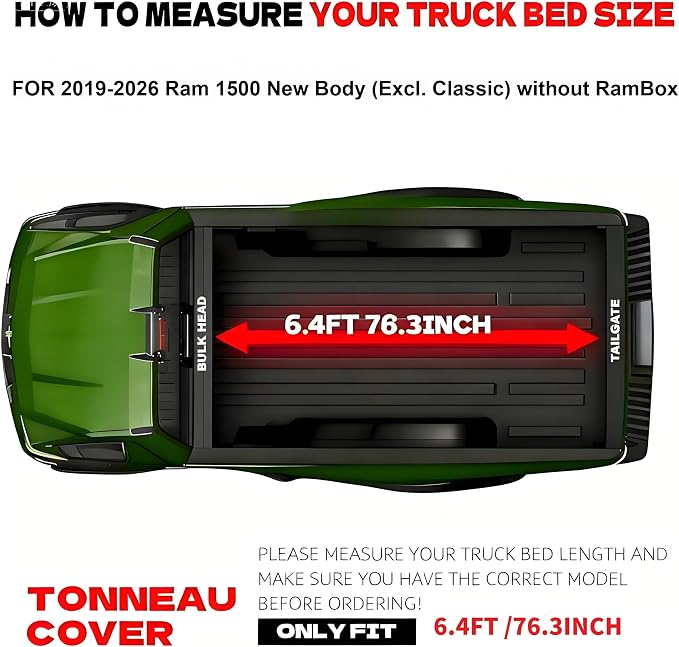 Soft Tri-Fold Truck Bed Tonneau Cover Compatible with 2019-2024 2025 2026 Dodge Ram 1500 New Body (Not Fit 19-24 Classic) | 6'4" (76.3") Bed Without RamBox