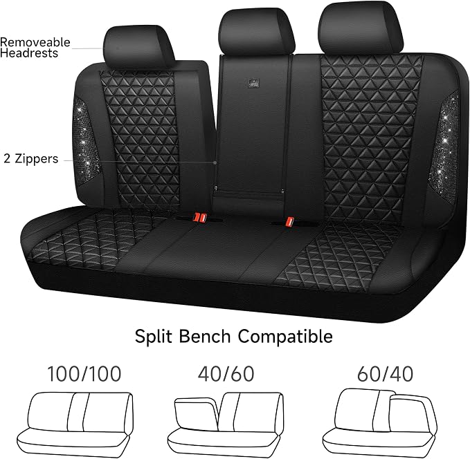 CAR PASS Bling Back Seat Cover, Waterproof Leather Bench Rear Seat Cover Shining Diamond Truck Glitter Crystal Sparkly Rhinestone Universal Fit Armrest Automotive Kid Women Girl, Black Diamond