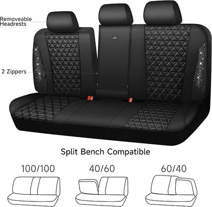 CAR PASS Bling Back Seat Cover, Waterproof Leather Bench Rear Seat Cover Shining Diamond Truck Glitter Crystal Sparkly Rhinestone Universal Fit Armrest Automotive Kid Women Girl, Black Diamond