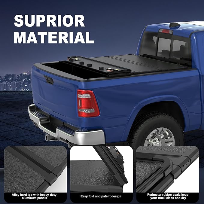 KUIPERAUTO 5.7FT Hard Quad Truck Tonneau Cover Compatible with 2009-2026 Dodge Ram 1500 Inclu. Classic & New Body (w/o Ram Box) 5.7 FT Bed On Top 67.4 inch Aluminum Bed Cover
