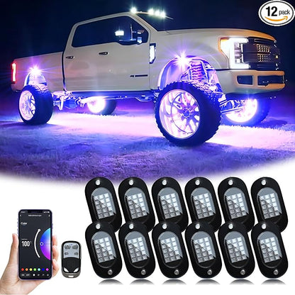 YiLaie RGB LED Rock Lights, 180 LEDs Lights with Phone App/Remote Control & Timing & Music Mode Rock Lights Kits, Waterproof Underglow Light for ATV RZR UTV SUV Off Road AUTO Motorcycle (12 Pods)
