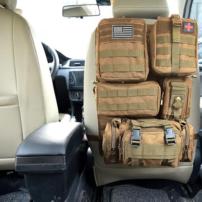 Universal Tactical Car Seat Back Organizer Bag Tactical Molle Vehicle Organizers Panel Vehicle Protector Organizers with 5 Detachable Pouches for Car Truck Ford Jeep (Khaki)