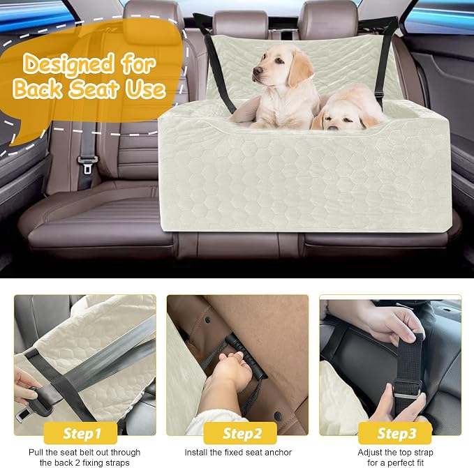 Dog Car Seat for Medium/Large Dog Booster Seat Under 60 lbs or 2 Small Dogs, Multi-Functional Pet Car Seat with Thick Cushion, 2 Safety Leashes (White)