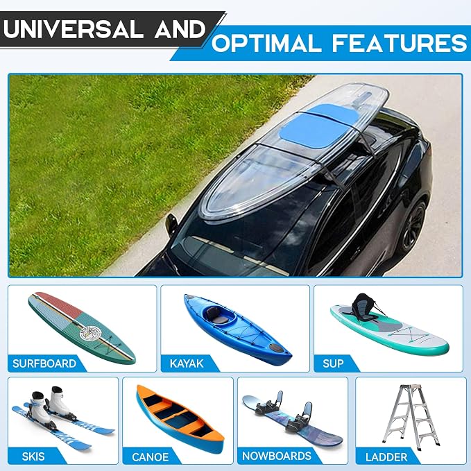 Universal Car Soft Roof Rack，Roof Pads Luggage Carrier for Kayak, Surfboard SUP, Canoe Include Storage Bag, 2 Quick Loop Strap, 2 Tie Down Rope, and 2 Heavy Duty Tie Down Straps