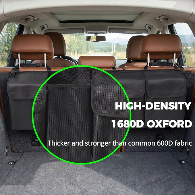 PIDO Hanging Trunk Organizer, Backseat Trunk Organizer for SUV, Hanging Car Storage Bag with Large Pockets for Sedan, Truck, Van, Upgraded Premium 1680D Oxford, Space Saving Car Interior Accessory