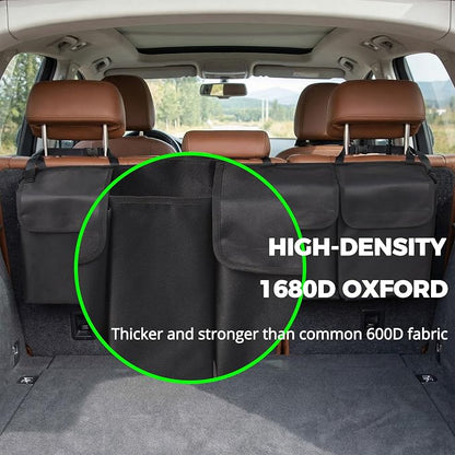 PIDO Hanging Trunk Organizer, Backseat Trunk Organizer for SUV, Hanging Car Storage Bag with Large Pockets for Sedan, Truck, Van, Upgraded Premium 1680D Oxford, Space Saving Car Interior Accessory