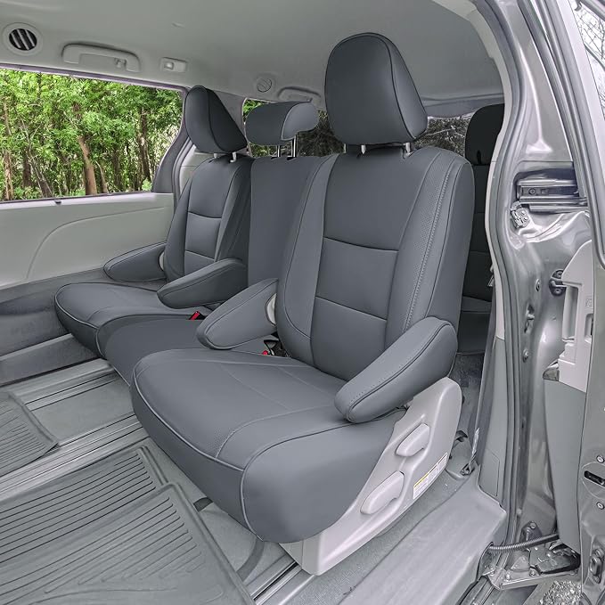 FH Group Custom Fit Car Seat Covers Specifically Made for 2011-2020 Toyota Sienna 8 Passenger, Full Set Solid Gray Faux Leather Automotive Seat Covers, Waterproof and Washable Seat Covers