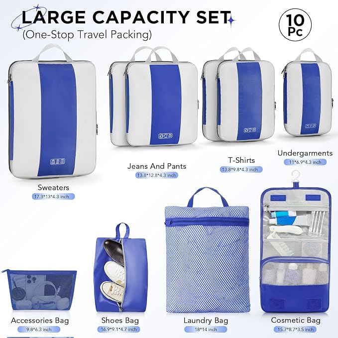 OlarHike 10-Pack Compression Packing Cubes for Travel Essentials,Compressible Expandable Packing Cubes for Suitcase,Luggage Garment Bags for Travel,Handy Helper for Organizing Clothes(Klein Blue)