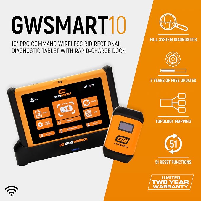 GEARWRENCH 5 pc. Automotive Diagnostic Set with Cart – 10" Bidirectional Diagnostic Tablet, TPMS Programming Tool & 20 Rubber Valve Sensors, HD USB-C Endoscope Camera, Mobile Work Cart | GWSMARTMOD