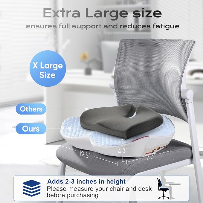 Seat Cushion for Tailbone Pain Relief, Firm Support Won't Flatten, Adds 2–3" Height, X-Large Cushion for Long Sitting, Office Chair, Car Seat & Work from Home (Blue)