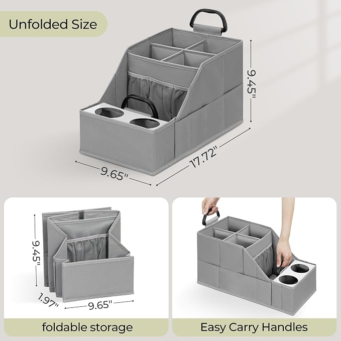 Car Seat Organizer Backseat Front Seat, Car Organizer With 12 Storage Compartments 2 Cup Holders, Snack Storage For Kids Baby, SUV Truck Van Collapsible Storage Bag For Travel, GY, 2PK