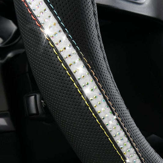 CAR PASS Bling Diamond Black Leather Steering Wheel Cover, Studded Crystal Rhinestones Universal Fit 14" 1/2-15" Glitter for Women Sparkle Girl Fit Suvs,Vans,Sedans,Car,Trucks, Multicolor Diamond