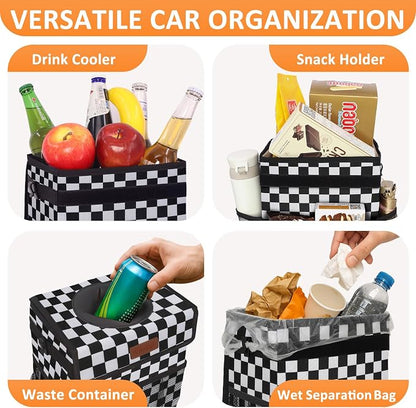 Vankor Car Trash Can Bin with Lid Hanging for Back Seat, Car Accessories for Women Men Leak Proof Automotive Garbage Cans Leakproof Vehicle Trash Can for Truck SUV,Black White Checkered