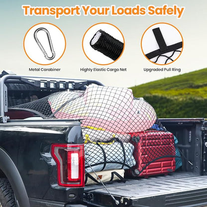 Truck Bed Net – Highly Elastic Cargo Net for Pickup Truck Beds, Stretchable Mesh Organizer Expands from 4'x4' to 7'x7', Suitable for Daily Light Loads on Truck, ATV, SUV, UTV & Boats (Single Layer)