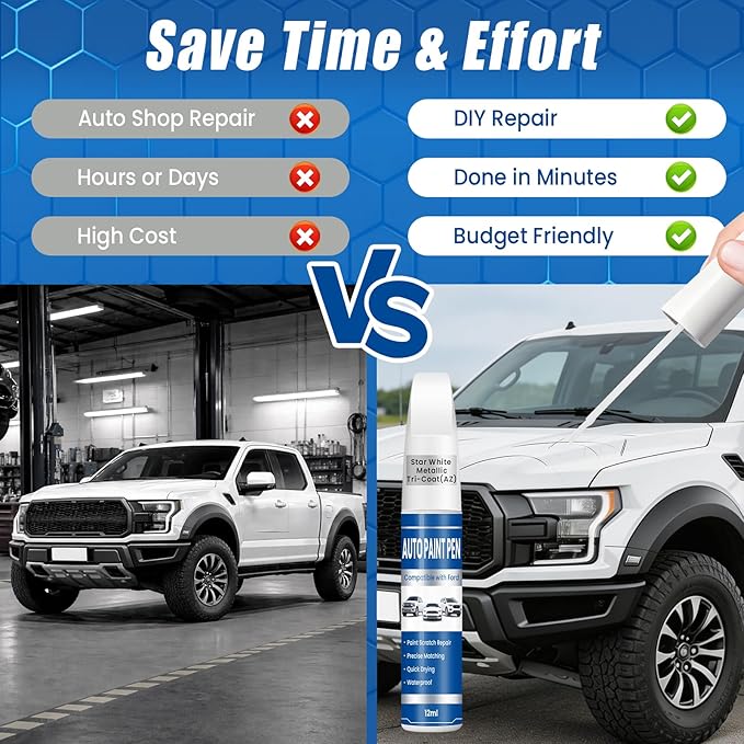 Star White Metallic Tri-Coat (AZ) Touch Up Paint for Cars, Compatible with Ford F-150/Explorer/Edge, 2-in-1 Car Scratch Repair Pen, Color Accurate, Quick Dry, Long-Lasting