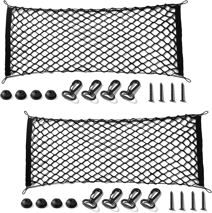 Amiss 2 Packs Cargo Net Stretchable, Adjustable Trunk Storage Net with Hook, Accessories for Pickup Bed Divider Organizer and Storage, Compatible with Chevy Silverado Ford F150 GMC (50"x 18")