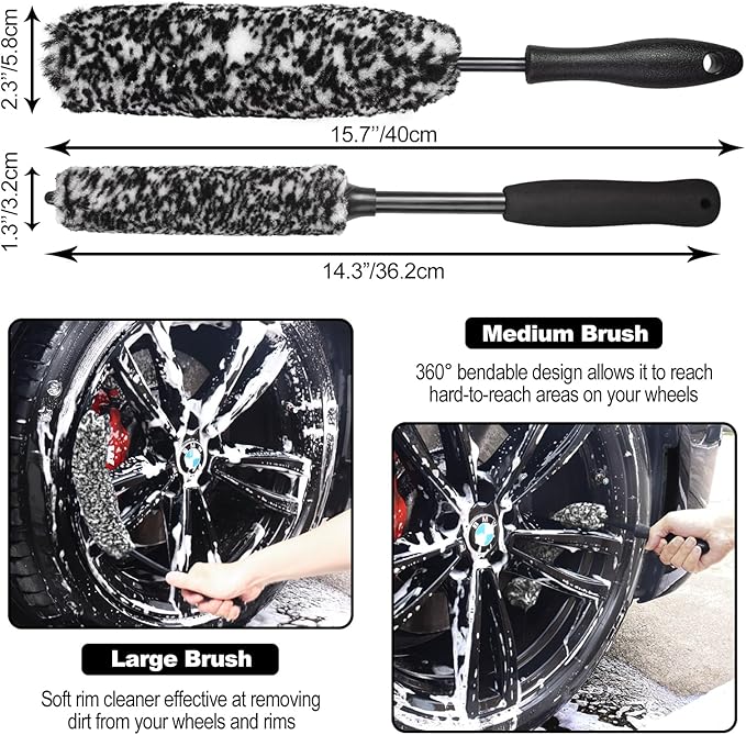 3PCS Wheel Brush Kit for Cleaning Wheel and Tire, Wheel and Rim Brush, Car Detailing Brushes, Bendable & Durable Car Wheel Rim Cleaner Brush Set,Car Detailing Cleaning Brush Supplies Kit