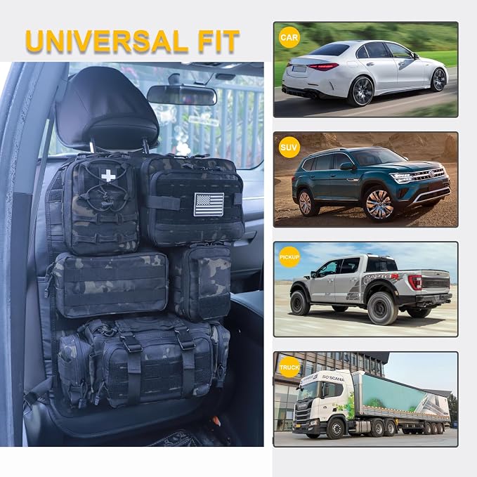 Universal Tactical Car Seat Back Organizer Bag Tactical Molle Vehicle Organizers Panel Vehicle Protector Organizers with 5 Detachable Pouches for Car Truck Ford Jeep (Upgraded C model Black camo)