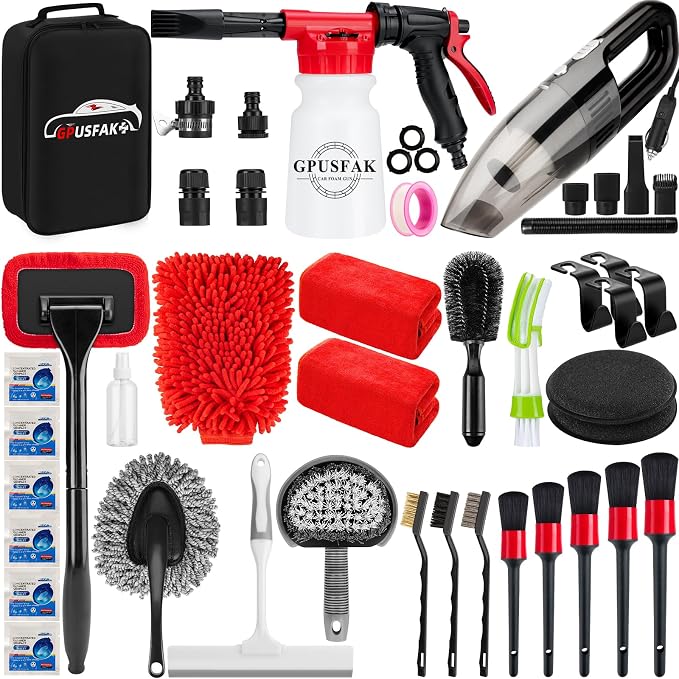 42Pcs Car Wash Cleaning Kit with Foam Gun Sprayer Detailing Brushes Car Vacuum Windshield Cleaning Tool Tire Brush Towels Complete Interior Exterior Detailing Set for Car