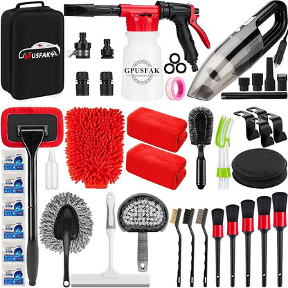 42Pcs Car Wash Cleaning Kit with Foam Gun Sprayer Detailing Brushes Car Vacuum Windshield Cleaning Tool Tire Brush Towels Complete Interior Exterior Detailing Set for Car