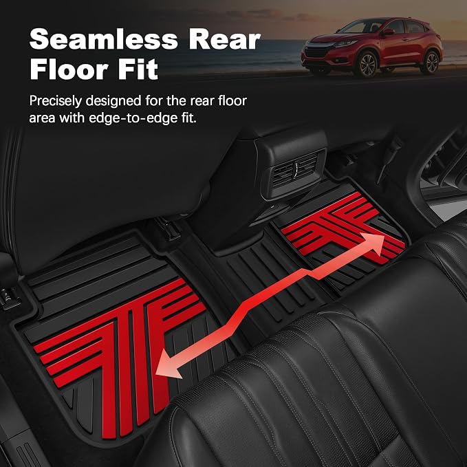 Floor Mats Fit for Honda HRV 2016 2017 2018 2019 2020 2021 2022, All Weather Custom Fit HR-V Rubber Floor Liner Accessories, 1st & 2nd Row, Black & Red
