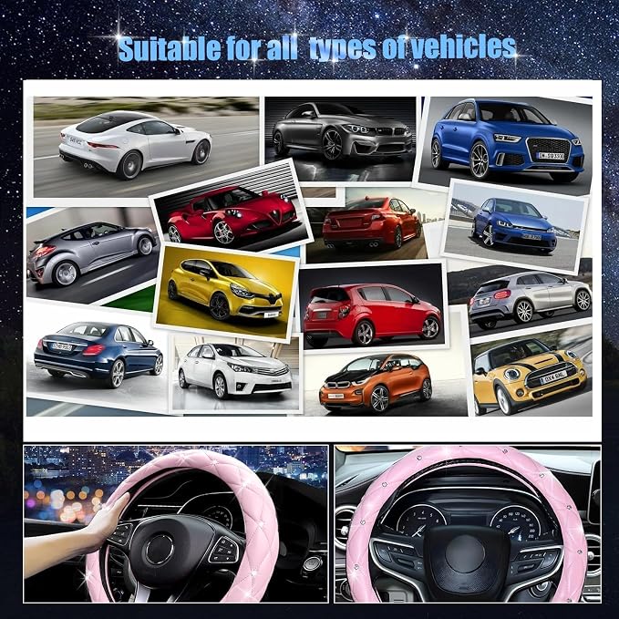 SuperKaKa Pink Steering Wheel Cover 2026, Auto Cute Diamond Bling Comfort Leather Girly Car Interior Accessories Protector Sparkly Automotive Decoration for Women Girl Coquette