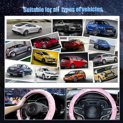 SuperKaKa Pink Steering Wheel Cover 2026, Auto Cute Diamond Bling Comfort Leather Girly Car Interior Accessories Protector Sparkly Automotive Decoration for Women Girl Coquette