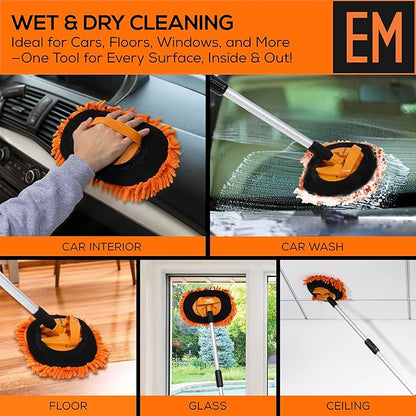 Suds Lab EM Extendable Wash Mitt with 170° Telescopic Handle – 58" Car Wash Mop with 2 Scratch-Free Chenille Microfiber Car Washing Mitts for SUVs, RVs and Trucks