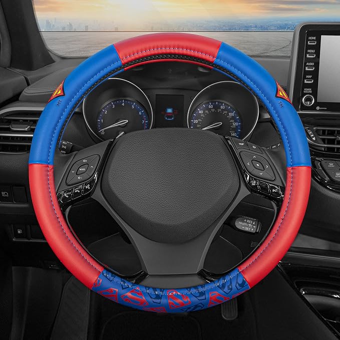 Warner Bros DC Comics Superman Car Accessories Ergonomic Grip Steering Wheel Cover - Universal Size 14.5-15.5 in Diameter, Protects and Insulates for Car, Truck, Van, SUV