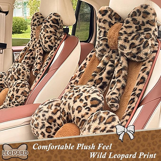 Car Neck Pillow 2PCS Plush Bowknot Car Headrest Pillow – Comfortable Neck Support for Driving Soft Touch Fabric Car Pillow Cute Interior Decor (Leopard)