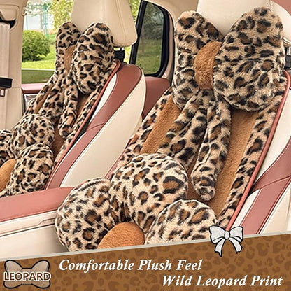 Car Neck Pillow Plush Bowknot Car Headrest Pillow Comfortable Neck Support for Driving Soft Touch Fabric Car Pillow Cute Interior Decor (Leopard-1Pcs)