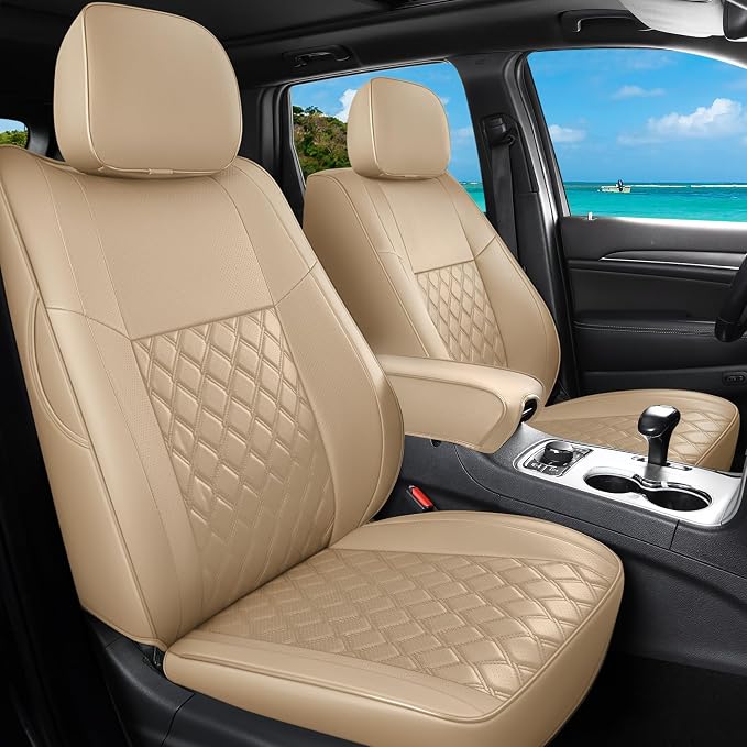 Huidasource Upgrade Grand Cherokee Seat Covers, Full Coverage Waterproof Leather Car Seat Covers, Custom Seat Cushion Protector Fit for Jeep Grand Cherokee 2011-2021 (Full Set/Beige)