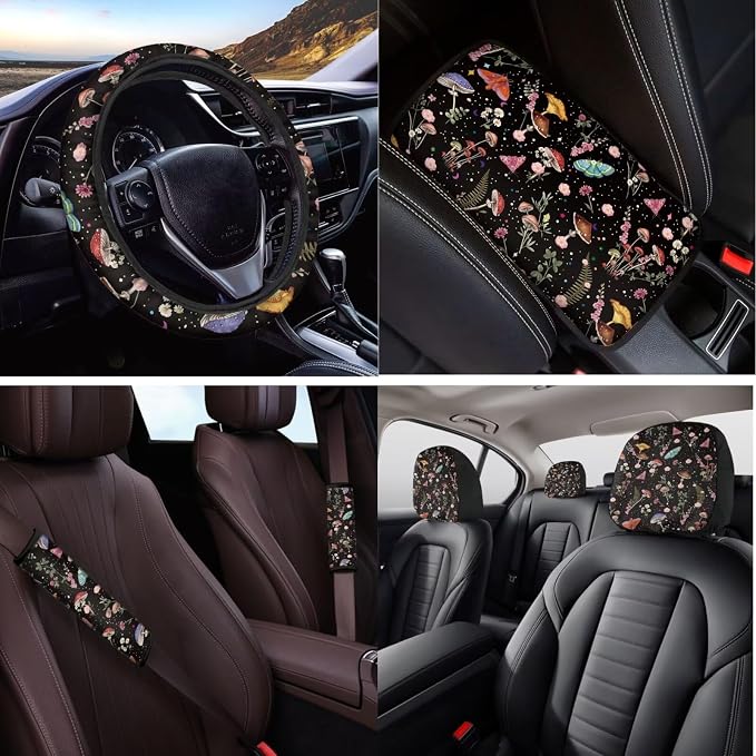 14 Pcs Mushroom Car Seat Cover Set for Women,Auto Steering Wheel Cover Armrest Cushion Protector Seat Belt Covers,Mushroom Butterfly Car Accessories Set Universal Fit Cars SUV Trucks