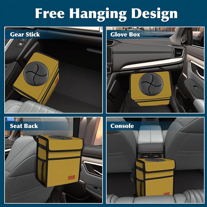 Femuar Car Trash Can with Lid - Leak Proof, Waterproof Garbage Can for SUV Front Seat, Multipurpose Car Hanging for Headrest, Collapsible and Portable with Storage Mesh Pocket, Khaki
