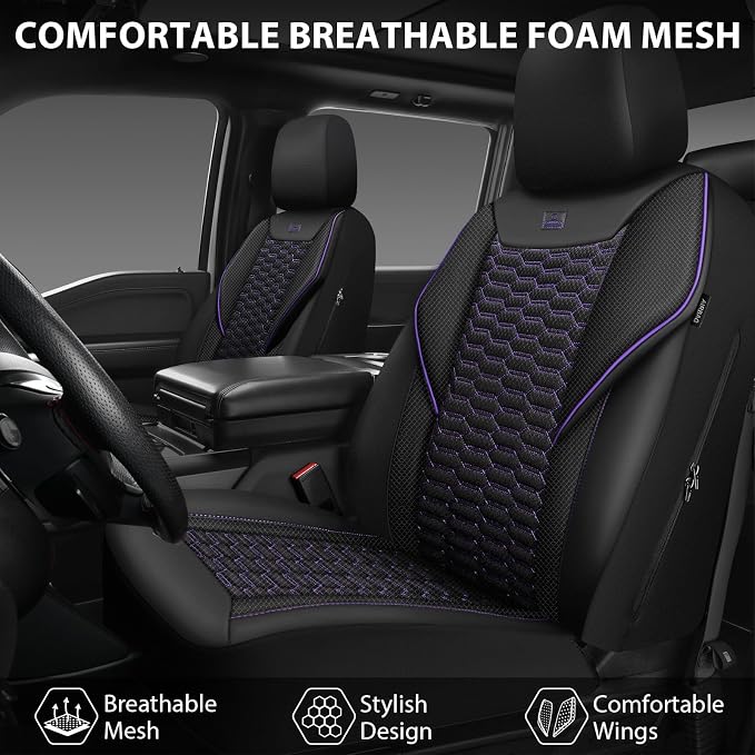 CAR PASS 3D Foam Mesh Leather Car Seat Covers Front Seats,Breathable Mesh Front Seat Covers for Women,Universal Fit for Cars SUV Truck Sedan Van Automotive,Armrest Airbag Compatible,Black and Purple