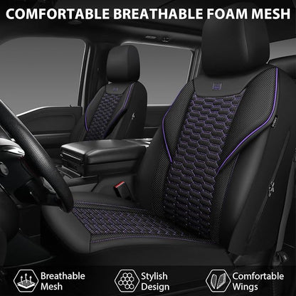 CAR PASS 3D Foam Mesh Leather Car Seat Covers Front Seats,Breathable Mesh Front Seat Covers for Women,Universal Fit for Cars SUV Truck Sedan Van Automotive,Armrest Airbag Compatible,Black and Purple
