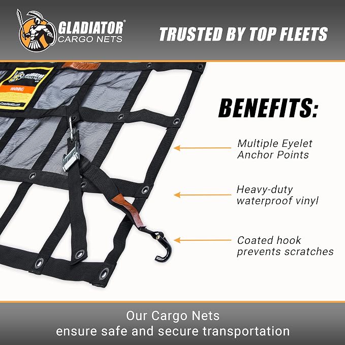 GLADIATOR CARGO NETS - Heavy Duty Cargo Net - Truck Accessory - Cargo Carrier -Truck Organizer - Medium-Trailer-Pickup-Boat-Jeep-SUV-Camping-(WLL): 1,500 lbs (MGN-100) 6.75' x 8' ft.