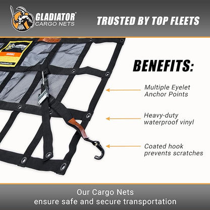 Gladiator Cargo Nets - Heavy Duty Truck Cargo Net-Trcuk Organizer-Truck Bed Cover- Large- Perfect for Trailer, Pickup, Boat, Jeep, SUV, Camping, Hunting-(WLL): 1,500 lbs (LGN-100) 8.75' x 10' ft.