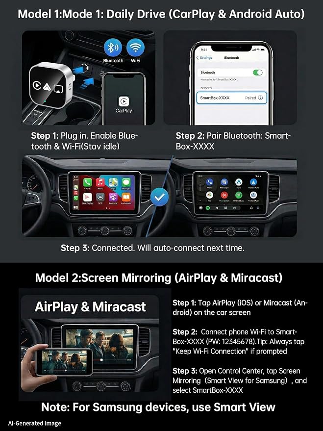 4-in-1 Wireless CarPlay & Android Auto Adapter – AirPlay & Miracast Media Hub – Seamless for Mixed Families – 5.8GHz Low-Latency & Auto-Connect – Factory Wired Cars Only (Silver)